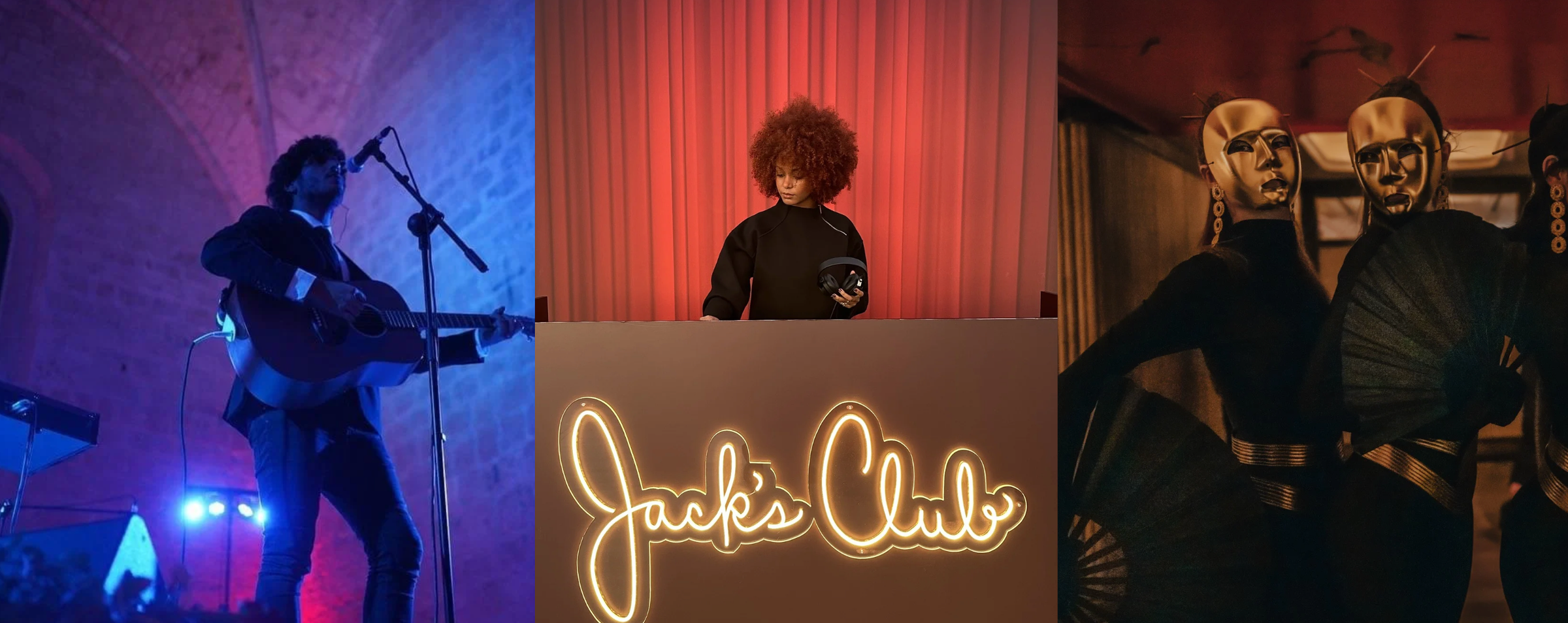 Collage: cantante con guitarra bajo luz azul, DJ junto al neón «Jack's Club» y artistas con máscaras doradas y abanicos