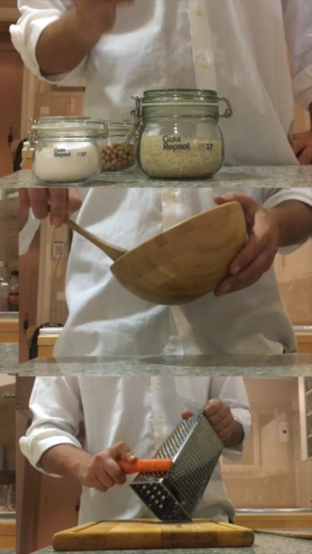 Tres escenas de cocina: frascos con ingredientes, un tazón de madera y manos rallando una zanahoria